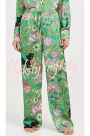 Quiet Jungle Satin Unique Print Long Sleeve Shirt and Elastic Waist Pocket Lounge Pants Set