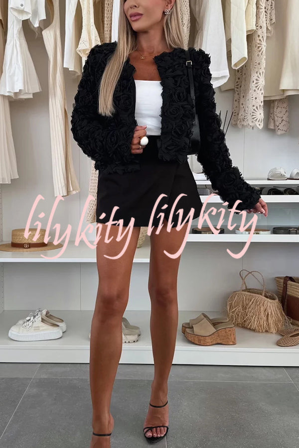 Fashionable Three-dimensional Flower Casual Long-sleeved Cropped Jacket