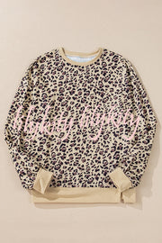 Leopard Print Crew Neck Patchwork Long sleeve Casual Loose Sweatshirt