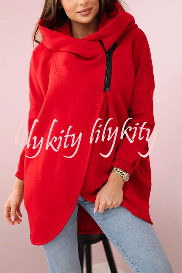 Solid Color Loose Hooded Zip-up Casual Sports Jacket