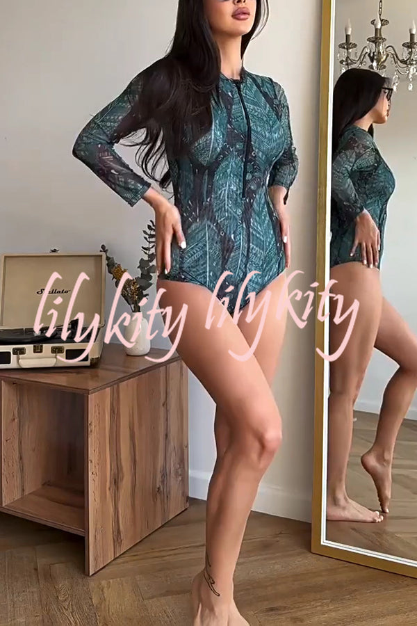 Unique Print One-piece Swimsuit and Cardigan and High Rise Pants Three-piece Set