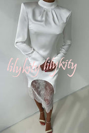 Melissa Satin High Neck Long Sleeve Curved Hem Top and Lace Midi Skirt Set