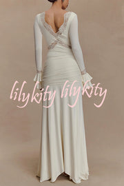 Fashion Lace Splicing Sexy V-neck Long-sleeved Slim Maxi Dress