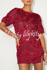 Feeling Exquisite Sequin-embellished Rose Texture Short Sleeve H-line Mini Dress