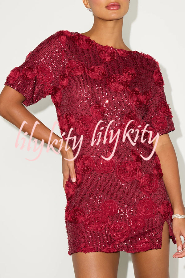 Feeling Exquisite Sequin-embellished Rose Texture Short Sleeve H-line Mini Dress