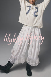 Pastoral Style Elastic Waist Lace Hem Bloomer Pants