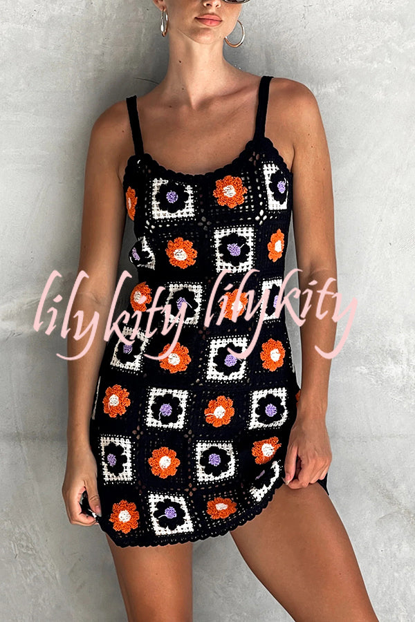 Embroidered Floral Strappy Knitted Mini Dress