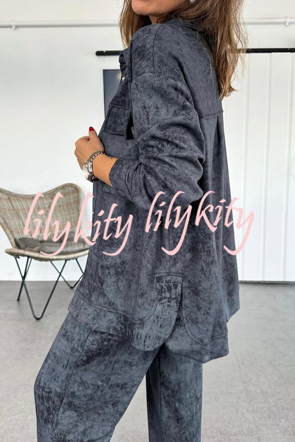 Fashion Tie Dye Button Long Sleeve Shirt and Drawstring Waist Pocket Wide Leg Pants Set