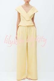 Velena Linen Blend Button Up Lapel Top and High Rise Pocket Wide Leg Pants Set