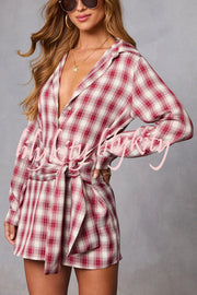 Ashroot Plaid Button Up Wrap Tie Long Sleeve Shirt Mini Dress