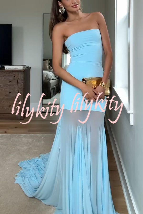 Blue Sky Off Shoulder Contrast Sheer Mesh Fabric Stretch Maxi Dress