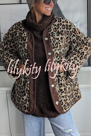 Warm Feel Colorblock Leopard Print Plush Button Up Pocketed Teddy Jacket