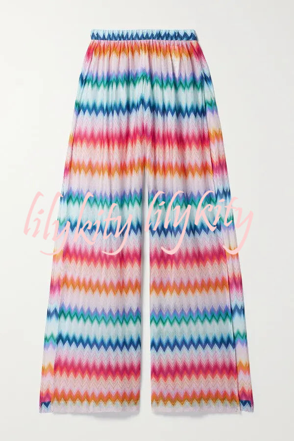 Colorful Zigzag Pattern Halter Neck Stretch Bikini and Elastic Waist Slit PantsThree-Piece Set