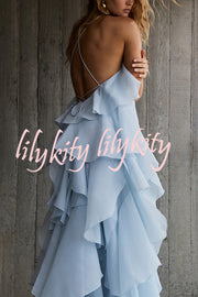 Free - Flowing Rose Detail Tiered Ruffles Halter A-line Maxi Dress