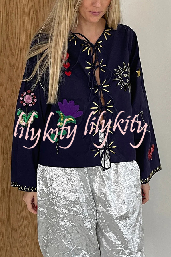 Fashionable Embroidered Lace-up Long-sleeved Loose Top