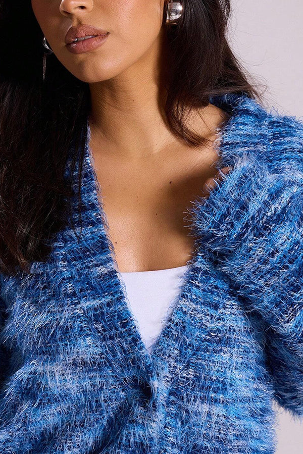 Fashionable Mixed Color Loose V-neck Casual Knit Cardigan