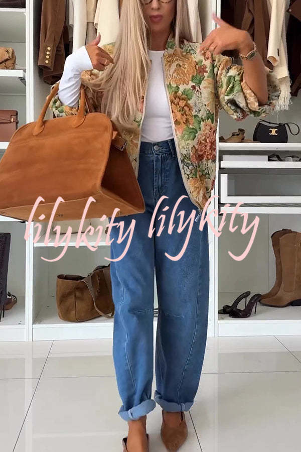 Floral Print Loose Long-sleeved Zip-up Jacket