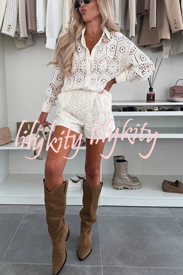 Good Weekend Crochet Lace Pattern Button Blouse and Elastic Waist Pocket Shorts Set