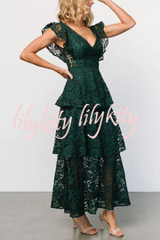 Solid V-neck Ruffled Sleeves Cinched Waist Maxi Dress