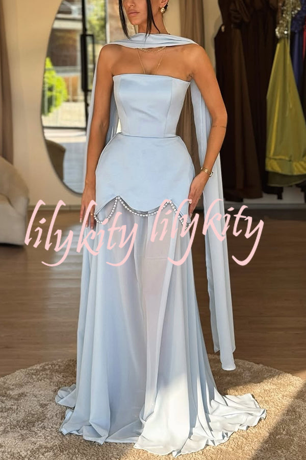 Jiya Satin Petal Hem Pearl Detail Chiffon Cape Strapless Maxi Dress
