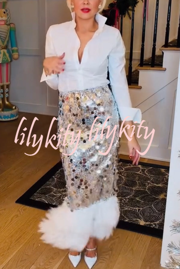 Playful Sparkling Large Sequin Faux Fur Tassel Hem Elastic Waist Maxi Skirt
