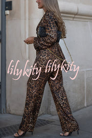Chic View Leopard Print Tie-up Waist Lapel Blazer and Elastic Waist Loose Pants Set