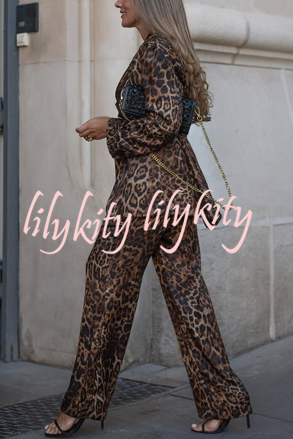 Chic View Leopard Print Tie-up Waist Lapel Blazer and Elastic Waist Loose Pants Set