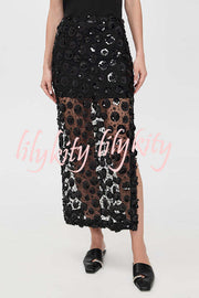 Gorgeous Flower Embellished Sequin Sheer High Rise Slit Midi Skirt