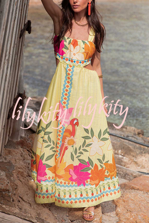 Resort Style Unique Print Sexy Square Neck Backless Waist Maxi Dress