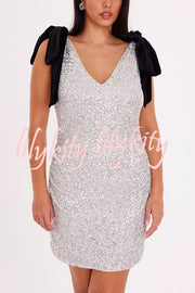 Sparkle and Elegance Sequin Velvet Bow Strap Detail V-neck Mini Dress