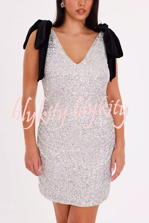 Sparkle and Elegance Sequin Velvet Bow Strap Detail V-neck Mini Dress