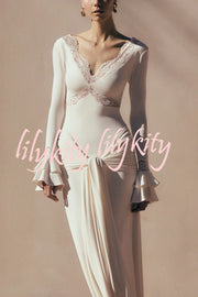 Fashion Lace Splicing Sexy V-neck Long-sleeved Slim Maxi Dress