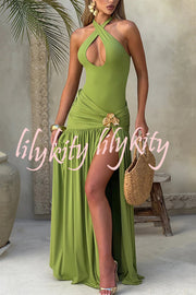 Solid Color Halter Neck Backless Slim Fit Pleated Slit Maxi Dress