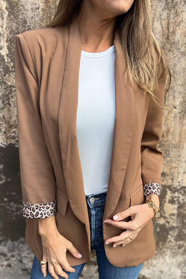 Stylish leopard print lined lapel long sleeve blazer