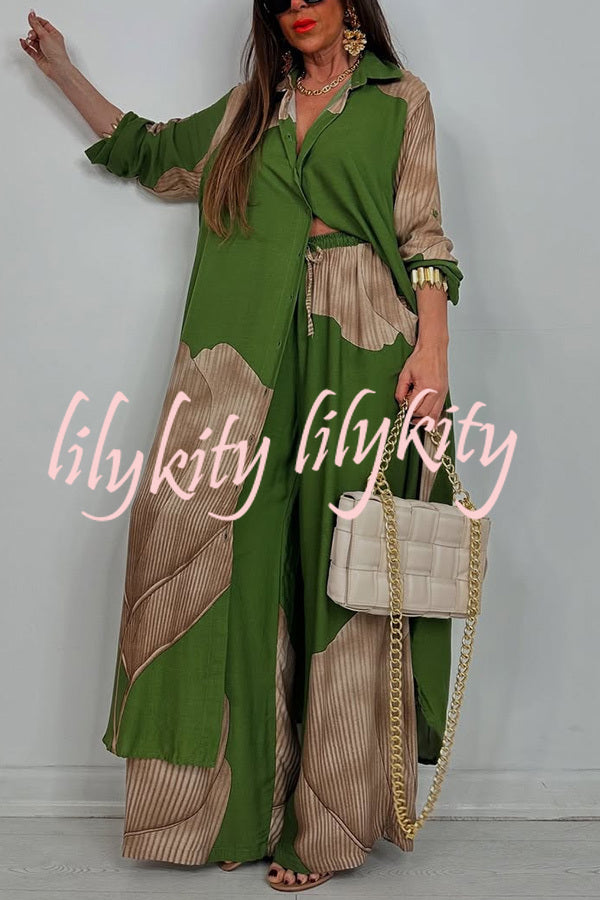 Unique Printed Casual Loose Long Shirt and Elastic Waist Pocket Wide Leg Pants Set