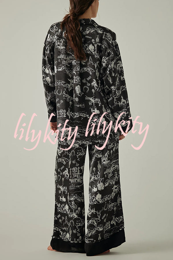 Unique Printed Lounge Long-sleeved Shirt and Elastic Waisted Baggy Pants Set