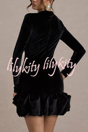 Solid Color Velvet Slim-fit Long-sleeved Mini Dress