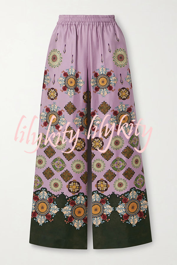 Satin Unique Print Loose Batwing Sleeve Top and Elastic Waist Pocket Casual Wide-leg Pants Set