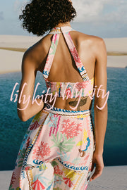 Multicolor Printed Sexy V Neck Halter Top and Midi Button-down Skirt Set