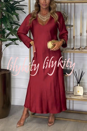 Solid Color V-neck Long-sleeved Loose Draped Maxi Dress