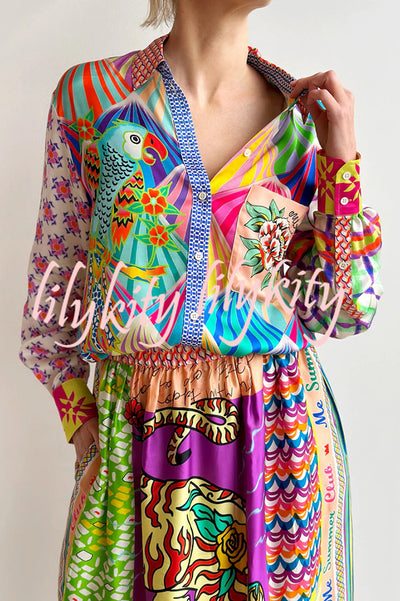 You Make Me Wonder Satin Colorful Unique Print Button Down Oversized Blouse