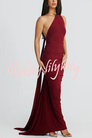 Sexy Backless Pleated Slim Solid Color Sleeveless Elegant Maxi Dress