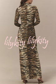 Winston Animal Print High-neck Long Sleeve Ruched Hip Stretch Maxi Dress