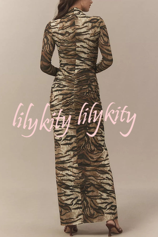 Winston Animal Print High-neck Long Sleeve Ruched Hip Stretch Maxi Dress