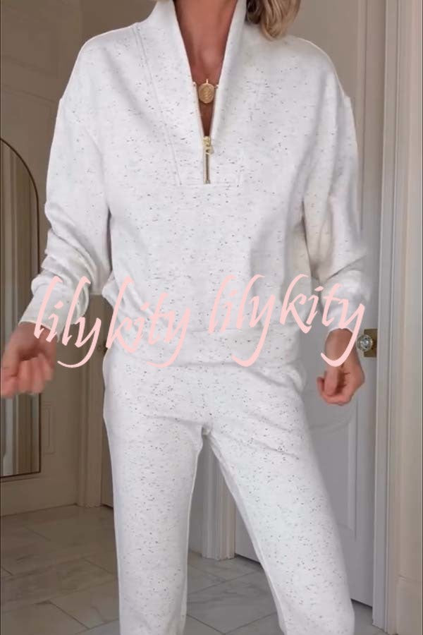 Ivory Marl Fleck Half-Zip Neck Long Sleeve Sweatshirt and Elastic Waist Pocket Jogger Set