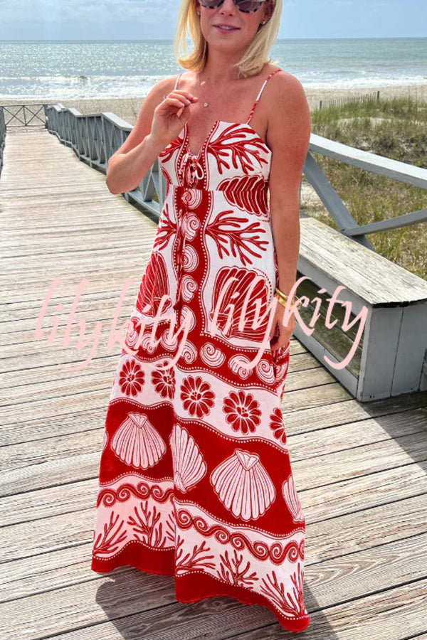 Beautiful Shell Unique Print Front Lace-up Loose  Maxi Dress