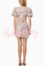 Garden Gala Embroidered Floral Applique Puff Sleeve Mini Dress