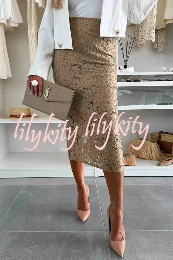 Lesia Floral Lace High Rise Slit Stretch Midi Skirt