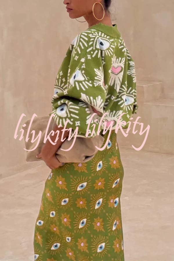 Mysterious Magic Satin Eye Heart Pattern Elastic Waist Drape Maxi Skirt