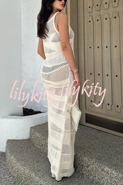 Solid Color Knit Hollow Crew Neck Sleeveless Beach Cover Up Maxi Dress